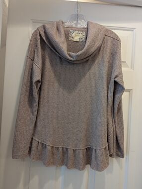 Maeve by Anthropologie Cowl Neck Ruffle Hem Sweater Size Small Neutral Cozy